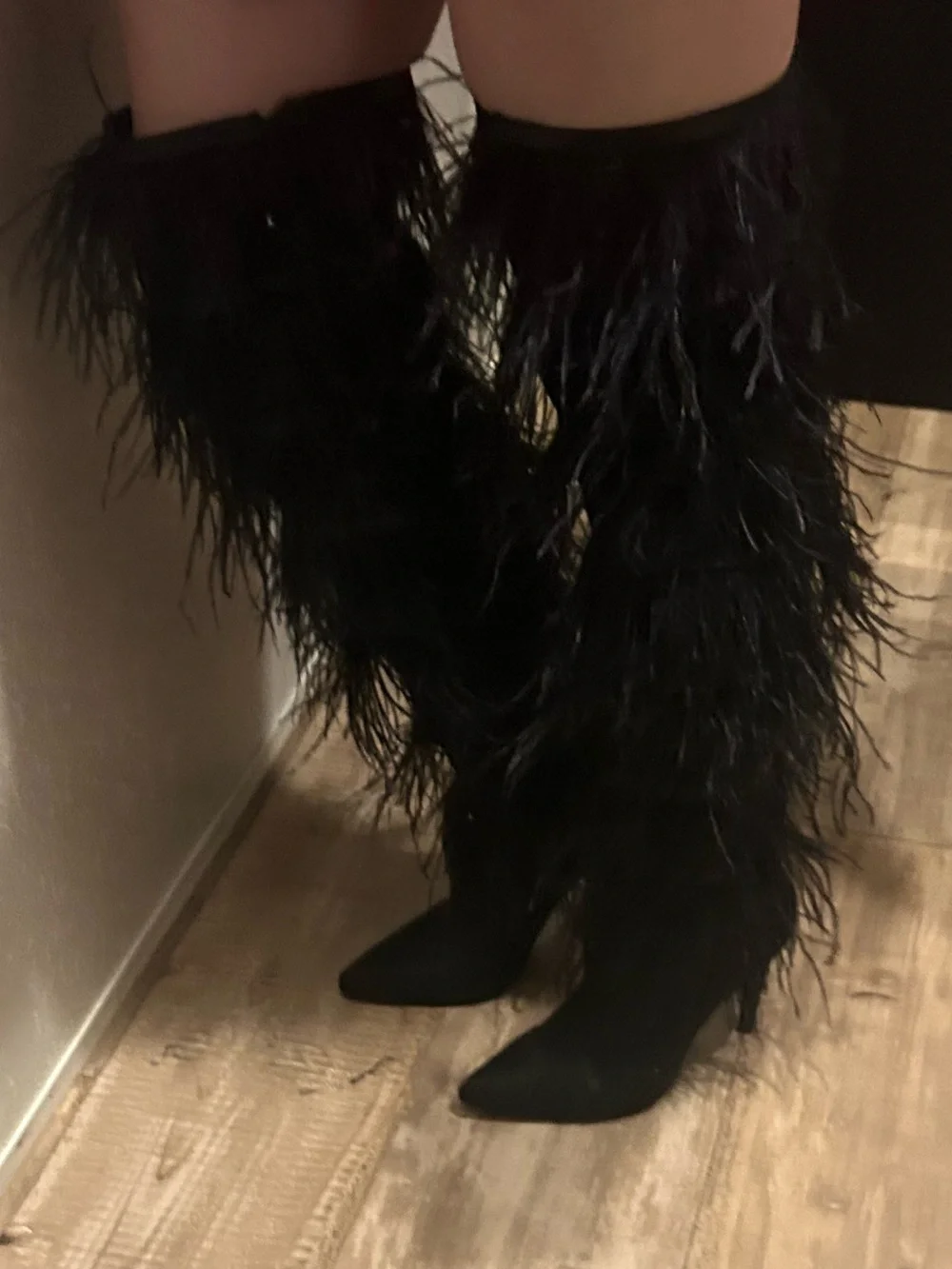 Dollskill Black feathered thigh high boots woman’s sz 7
